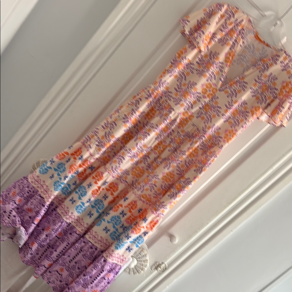 Oliphant Peach Floral Tiered Dress with Lavender and Blue Accents